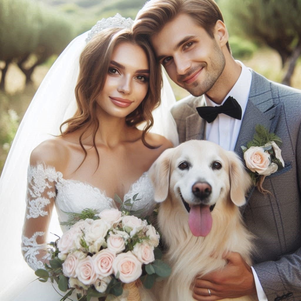 A joyful bride and groom on their wedding day, smiling for a photo with their furry best friend.