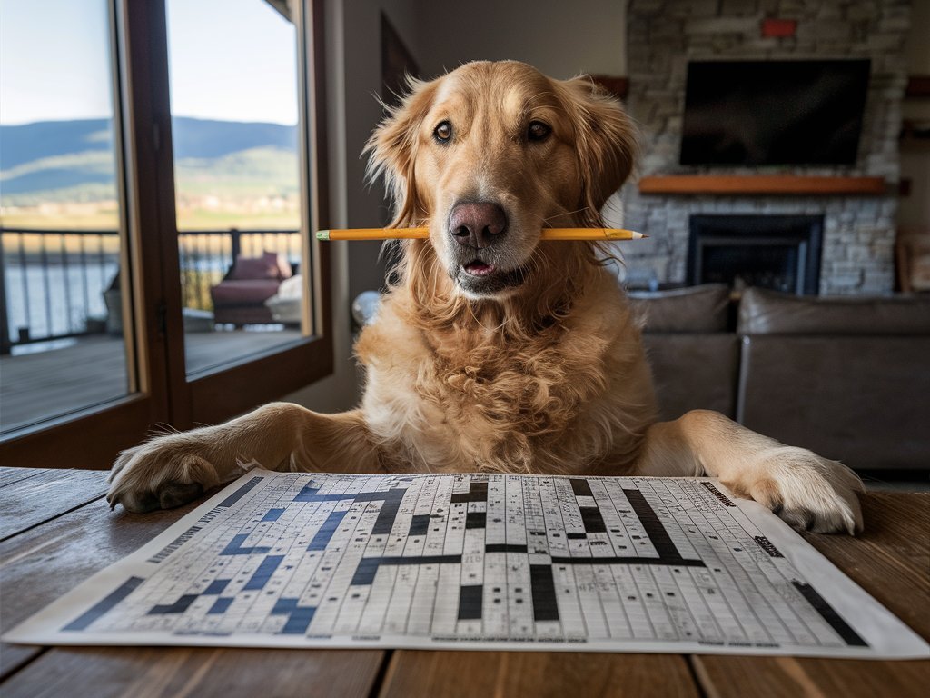 Golden retriever with a pencil in its mouth, focused on a Dog Crossword Puzzle at a wooden table.