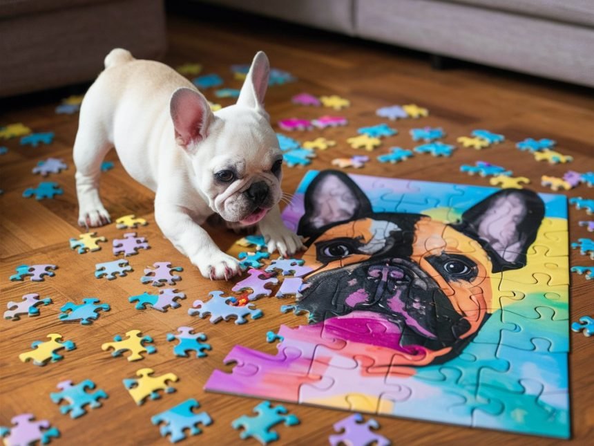 French Bulldog puppy playing with Dog Jigsaw Puzzles on a cozy living room floor.