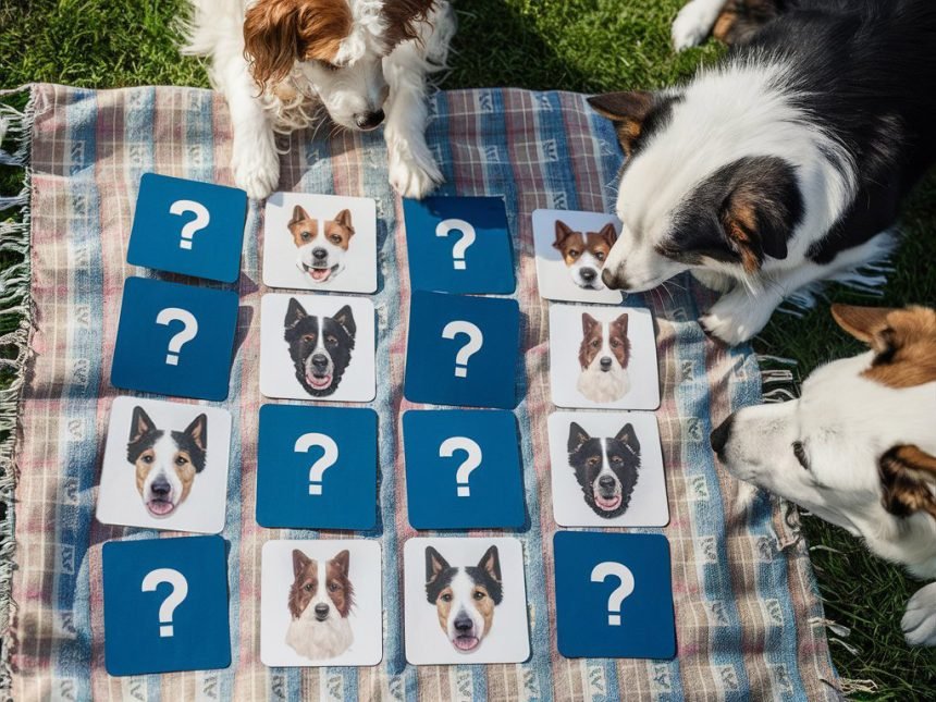 Dog Memory Games - Two dogs play a memory game on a picnic blanket in a park, matching pairs among 16 cards with dog faces.