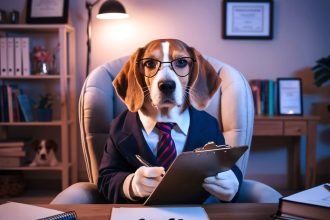 Dog Personality Quizzes - A Beagle dressed as a therapist in a cozy office, holding a clipboard and pen, with a warm, professional expression.