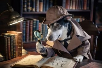 Canine detective in a Sherlock Holmes outfit examining an antique book of Dog Riddles in a dimly lit study.