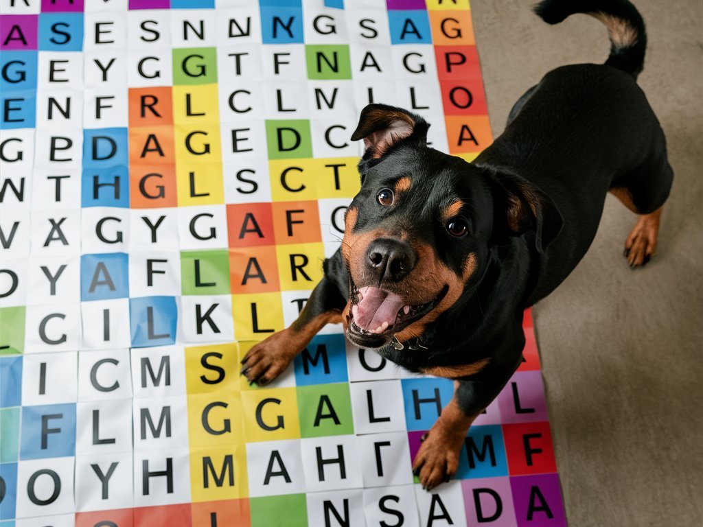 Rottweiler excitedly engaging with a large Dog Word Search Puzzle on the floor.