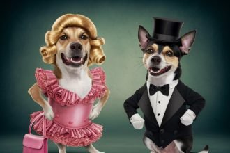 Dog Would You Rather - A humorous image of two dogs in opposite-gender costumes. The male dog wears a pink frilly dress and blonde wig, while the female dog sports a tuxedo and top hat. Both have playful, joyful expressions.