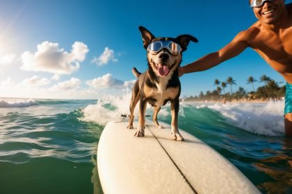 Dog surfing on a sunny beach with its owner