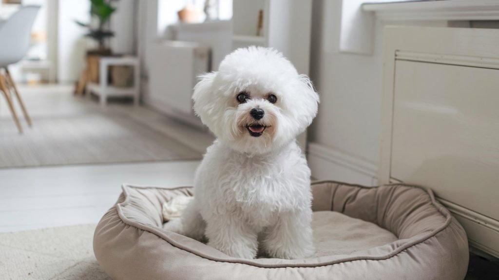 Bichon Frisé on a soft bed in a light-filled apartment, a highly recommended small dog breed for city homes.