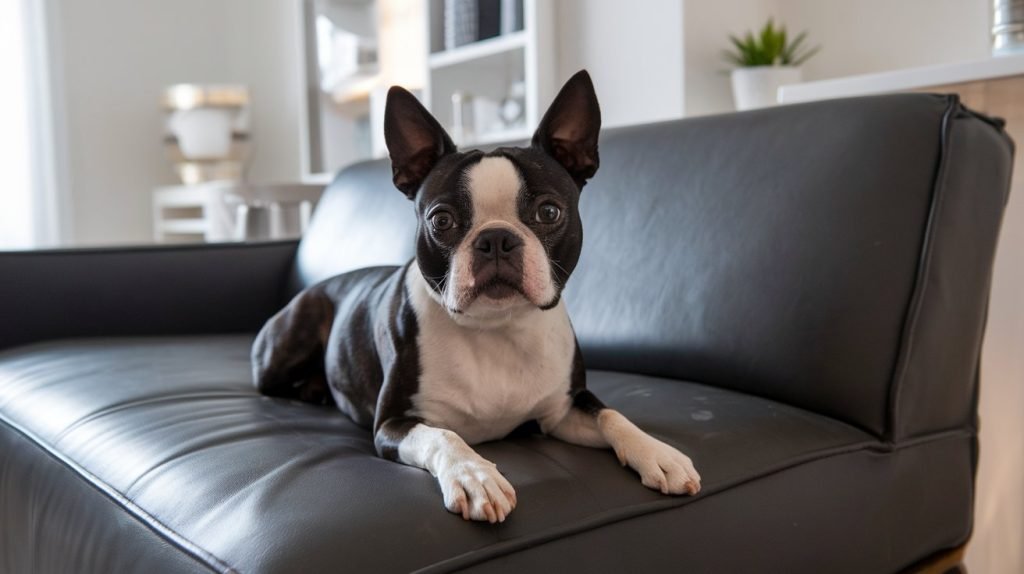 Boston Terrier on a modern couch in a cozy apartment, one of the best small breeds for compact spaces.