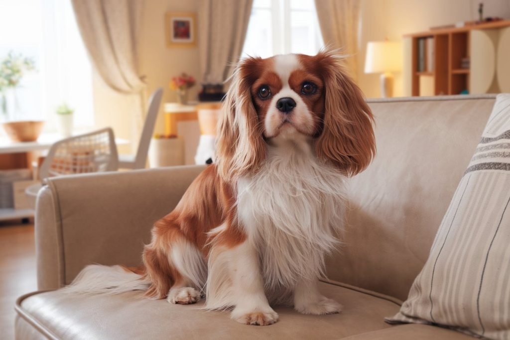 Cavalier King Charles Spaniel on a couch in a warm apartment, ideal as a small breed for apartments.