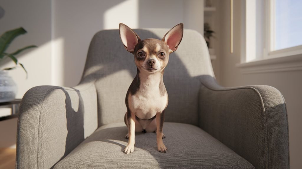 Chihuahua on an armchair in a stylish apartment, a great choice among small dog breeds for apartments.