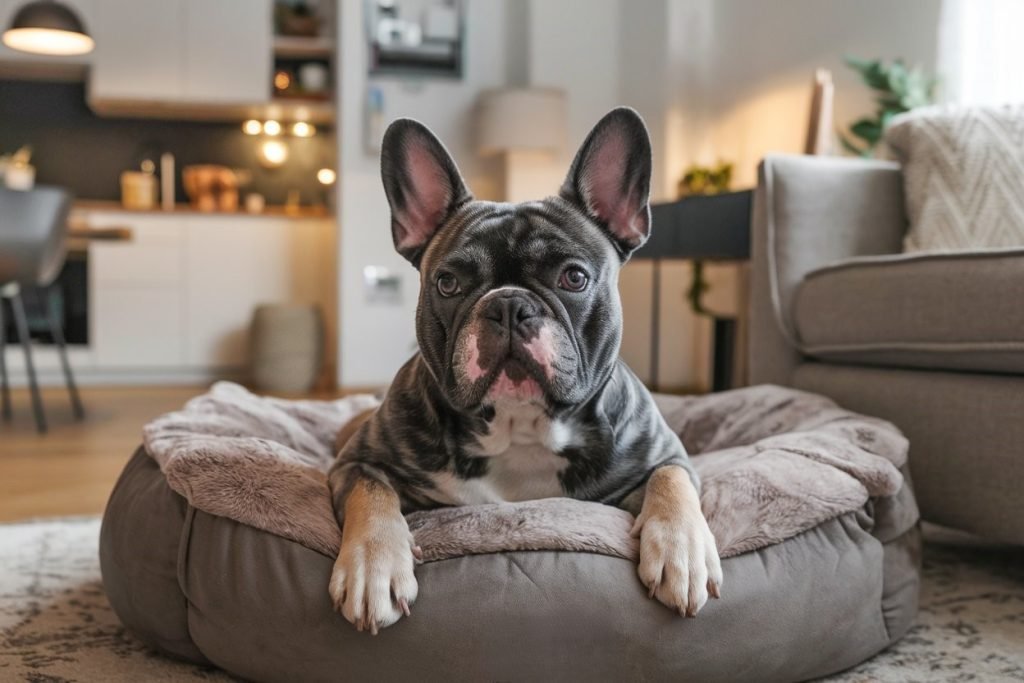 French Bulldog relaxing in a cozy apartment, one of the best small dog breeds for city living.