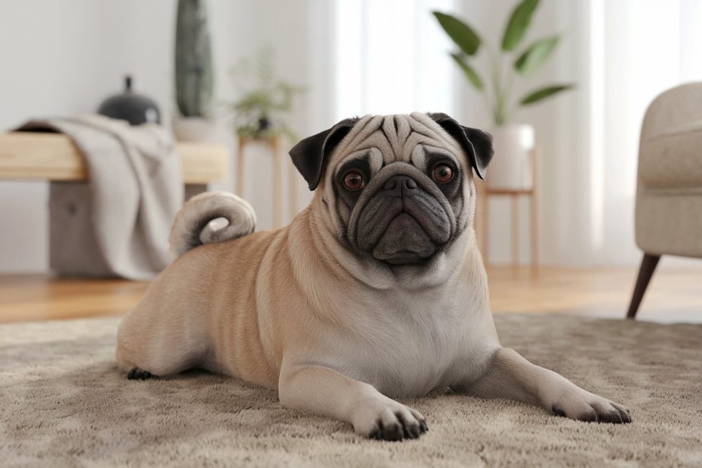 Pug lounging in a stylish apartment, among the top small dog breeds for apartment life.