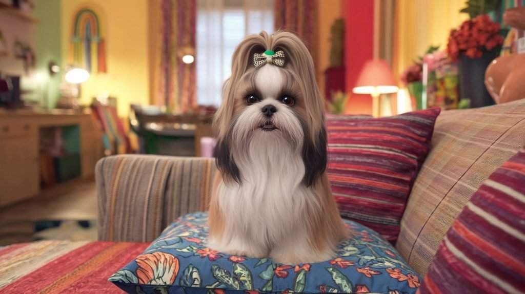 Shih Tzu on a decorative pillow in a colorful apartment, one of the best small dog breeds for urban living.