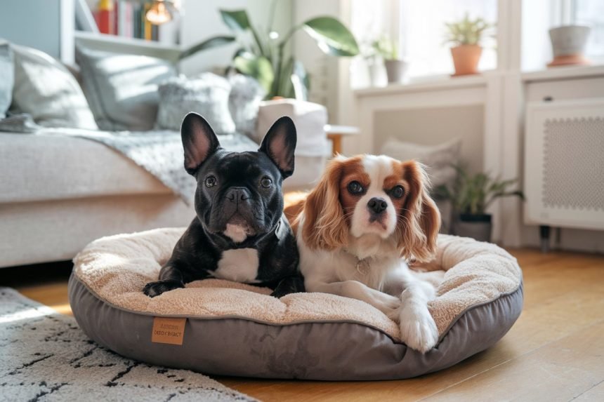 French Bulldog and Cavalier King Charles Spaniel, two of the best small dog breeds, relaxing in a cozy apartment.