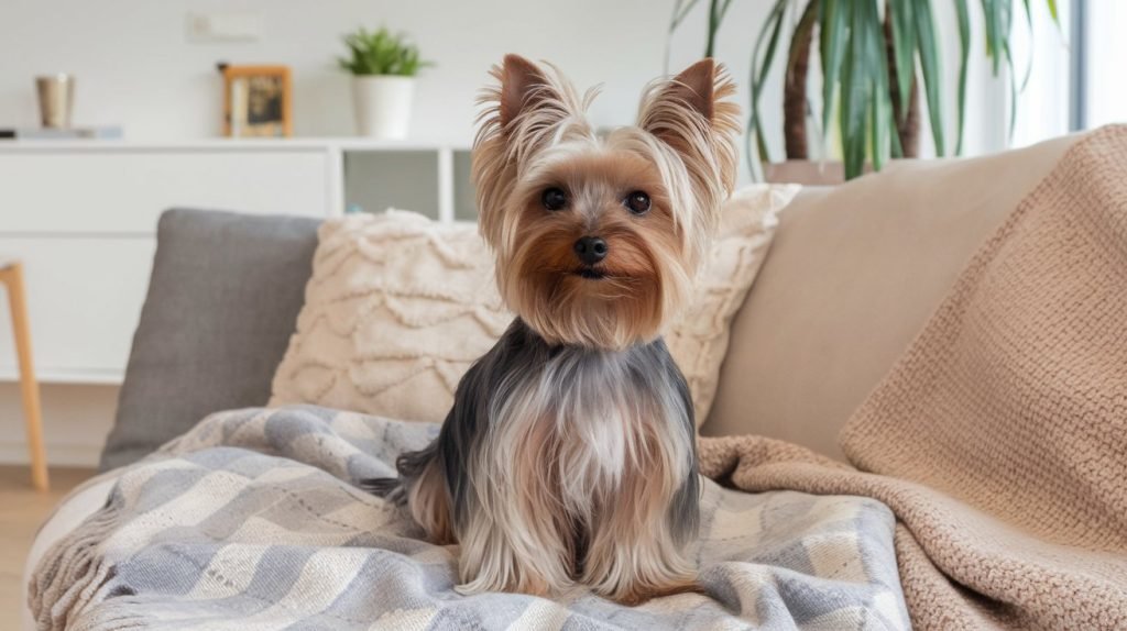 Yorkshire Terrier sitting on a blanket in a bright apartment, a top pick among small dog breeds for apartments.