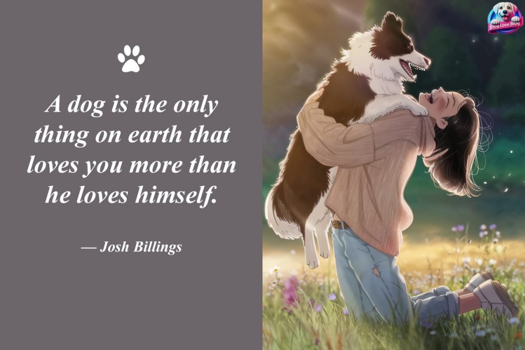 Border Collie hugging its owner in a sunlit meadow, illustrating the quote, "A dog is the only thing on earth that loves you more than he loves himself." Perfect for Dog Loyalty Quotes about selfless love.