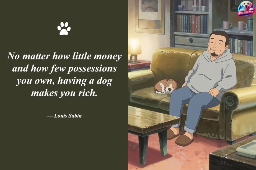 Terrier resting on a cozy sofa next to its owner, embodying the quote, "No matter how little money and how few possessions you own, having a dog makes you rich." Perfect for quotes about a dog’s loyalty.