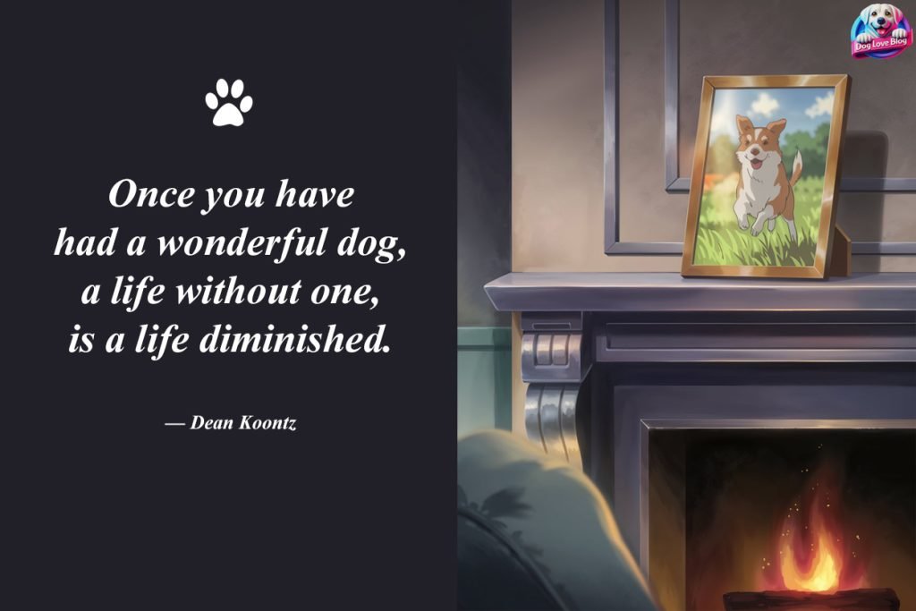 An anime-style cozy indoor scene with a fireplace and a mantelpiece. A framed photograph of a joyful dog playing in a sunny field sits prominently on the mantelpiece, softly lit by the warm glow of the fireplace. This image reflects the quote, "Once you have had a wonderful dog, a life without one is a life diminished," capturing the nostalgic and serene mood of cherished memories. Perfect for Dog Loyalty Quotes.