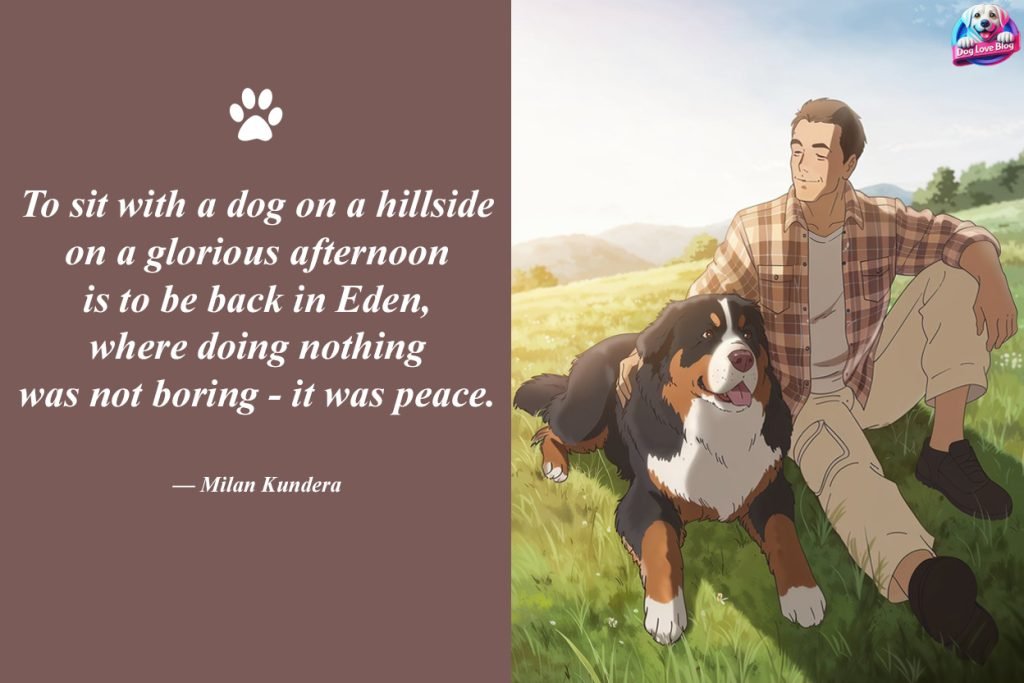 Bernese Mountain Dog sitting with its owner on a sunlit hillside, illustrating the peaceful quote, "To sit with a dog on a hillside on a glorious afternoon is to be back in Eden, where doing nothing was not boring - it was peace."