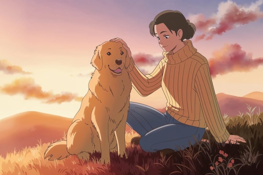 Golden Retriever sitting loyally next to its owner on a hilltop during sunset, capturing the deep bond and affection between them. Perfect for Dog Loyalty Quotes.