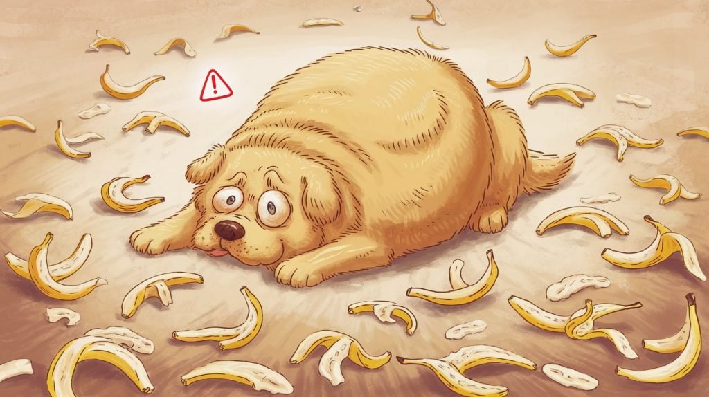 Dog lying down near a banana, symbolizing potential digestive upset from consuming too much banana.