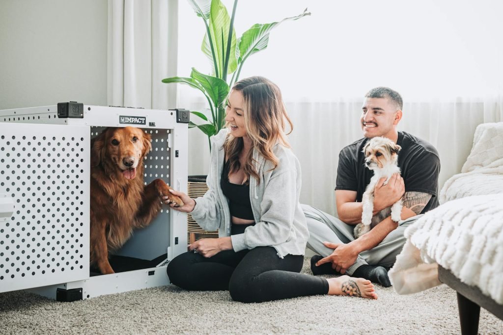 Young couple relaxing with their rescue dog and practicing crate training techniques, illustrating how to train a rescue dog with trust-building methods.