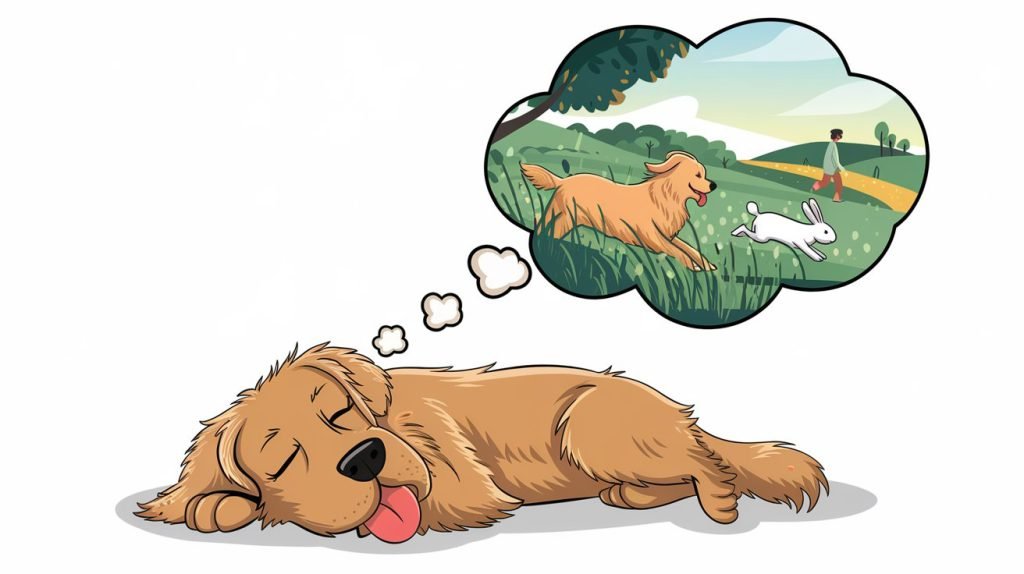 Sleeping dog in a cozy bed with a dream bubble above, showing the dog with his owner chasing a rabbit in a grassy field.