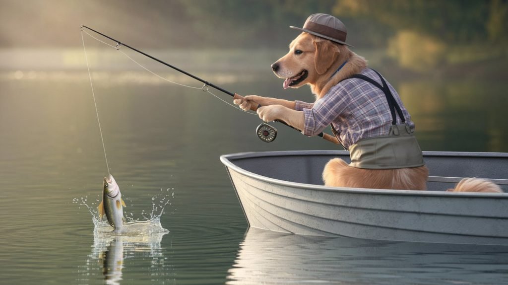 A photorealistic image of a Golden Retriever in a plaid shirt, suspenders, and fishing hat, sitting in a small boat on a calm lake. The dog holds a fishing rod in a human-like posture, with its hind legs crossed. A fish is hooked on the tight fishing line, splashing water as it emerges from the lake. Natural lighting and reflections create a serene, lifelike atmosphere.