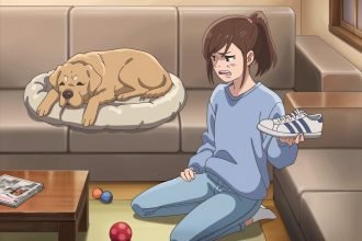 A young woman holding a single white sneaker with blue stripes, looking frustrated in a cozy living room. This funny dog story unfolds as her golden Labrador lies innocently on a gray dog bed nearby.