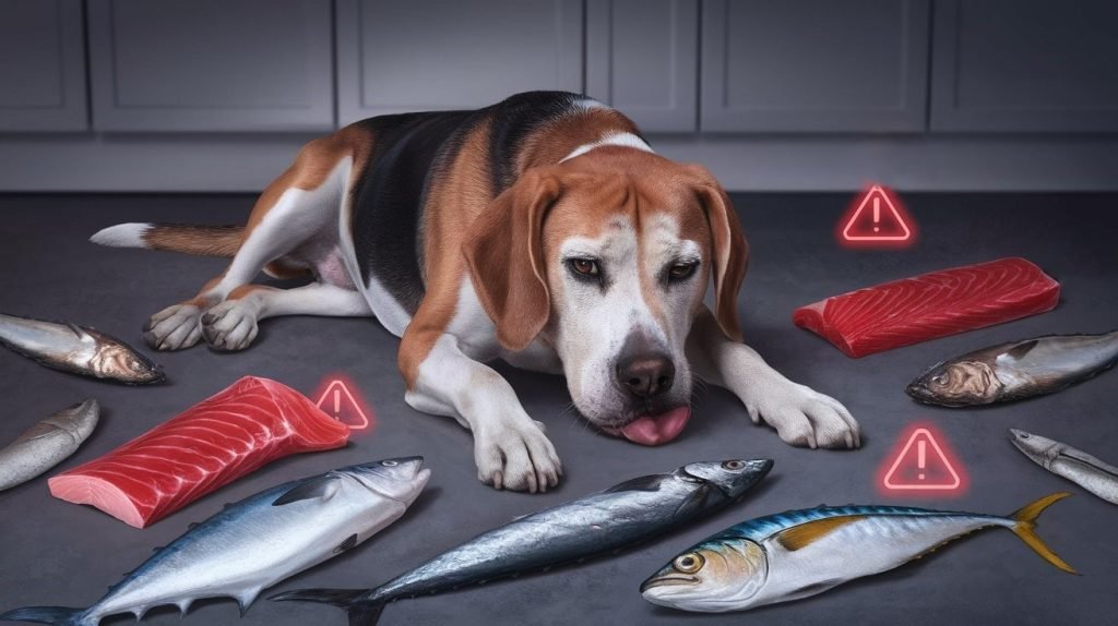 A realistic photo of a sick dog surrounded by unsafe fish for dogs, including tuna, swordfish, and king mackerel, with warning symbols highlighting the dangers.