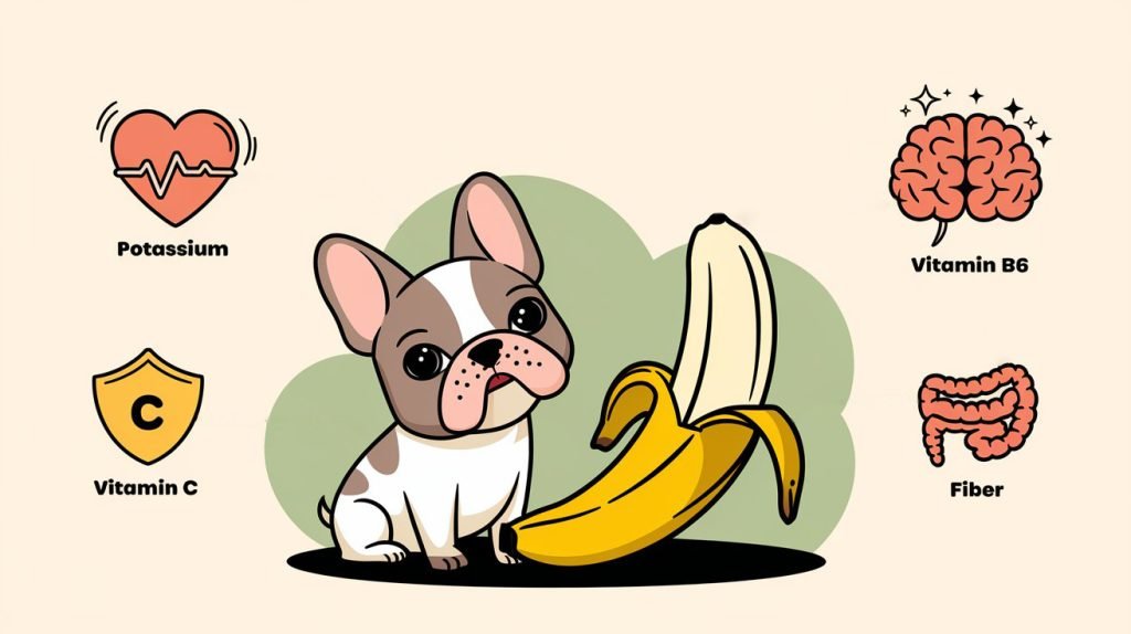 French Bulldog with banana and icons for potassium, vitamin B6, vitamin C, and fiber benefits for dogs.