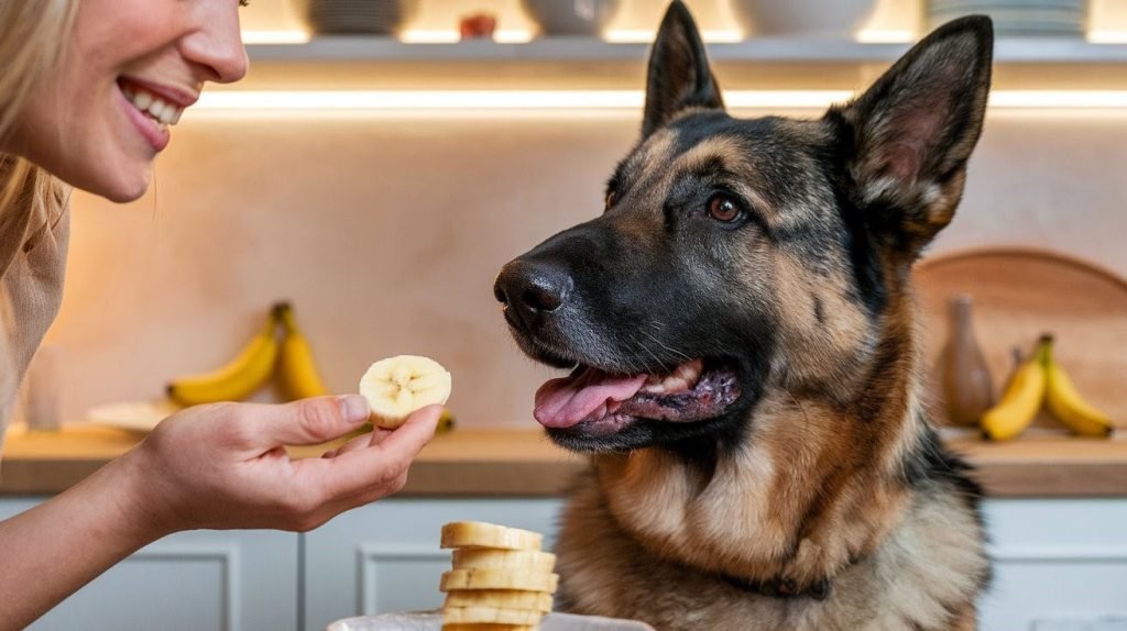 A woman offering a slice of banana to a happy German Shepherd in a cozy kitchen.