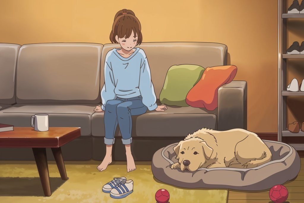 A young woman sitting on a gray couch, smiling at her golden Labrador resting peacefully on a dog bed. This cozy dog story concludes with the white sneaker with blue stripes neatly placed on a shoe rack in the background.