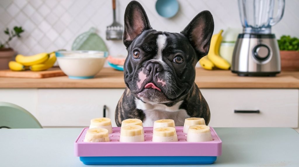 A happy dog enjoying a safe banana treat with creative serving ideas like frozen banana bites and banana smoothies shown in a cozy kitchen setting.