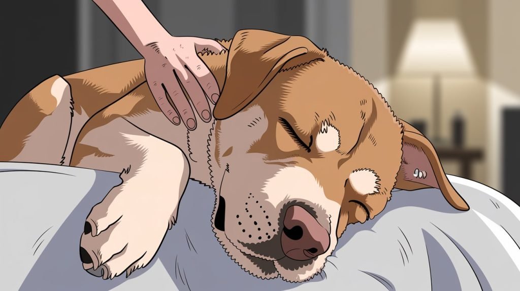 Close-up of a sleeping dog showing signs of distress, such as twitching and whimpering, with a comforting hand reaching out to reassure it.