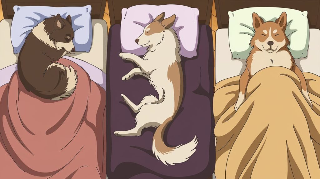 Illustration of three dogs in different sleep positions—curled up, sprawled out, and side sleeping—each representing unique comfort levels and personality traits.