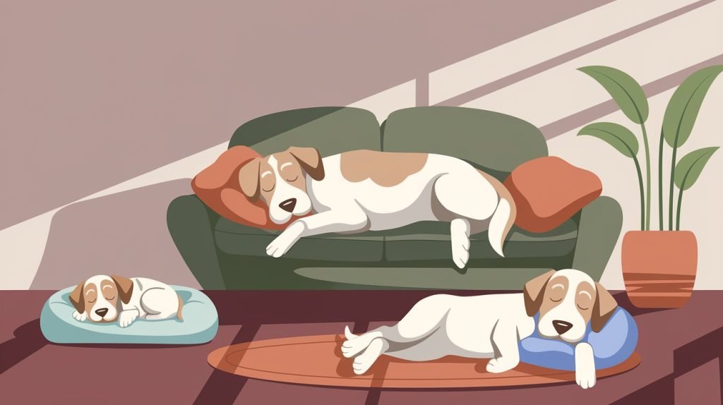 Illustration of a puppy, adult dog, and senior dog sleeping peacefully in a cozy home setting, representing different sleep needs for each age group.