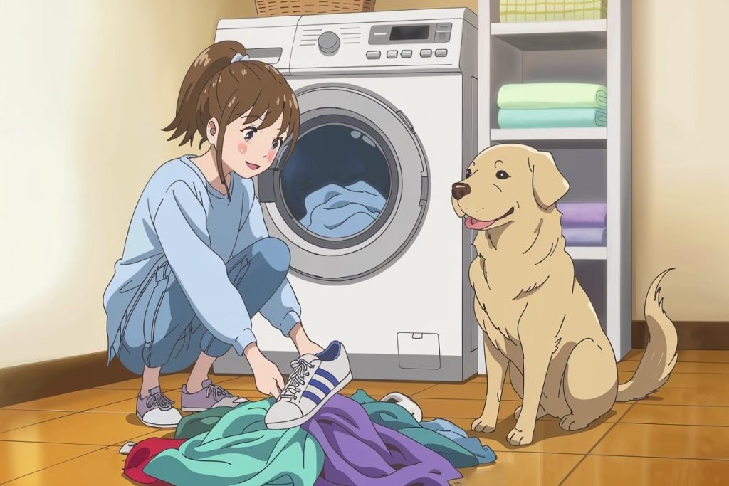 A young woman crouching in a bright laundry room, pulling a slightly chewed white sneaker with blue stripes out of a pile of clothes. This funny dog story’s climax shows her golden Labrador sitting proudly beside her, wagging its tail.