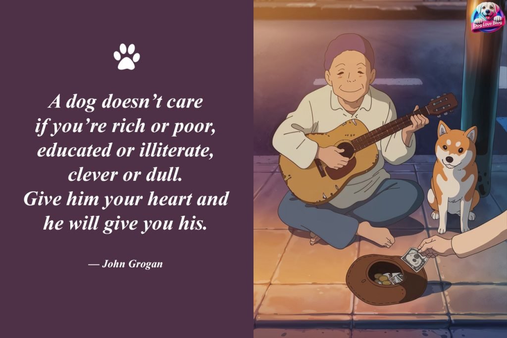 A street scene where a beggar plays the guitar beside a loyal Shiba Inu, with money placed in a hat on the ground. A passerby adds to the hat, reflecting the quote, "A dog doesn’t care if you’re rich or poor, educated or illiterate, clever or dull. Give him your heart and he will give you his." — John Grogan.