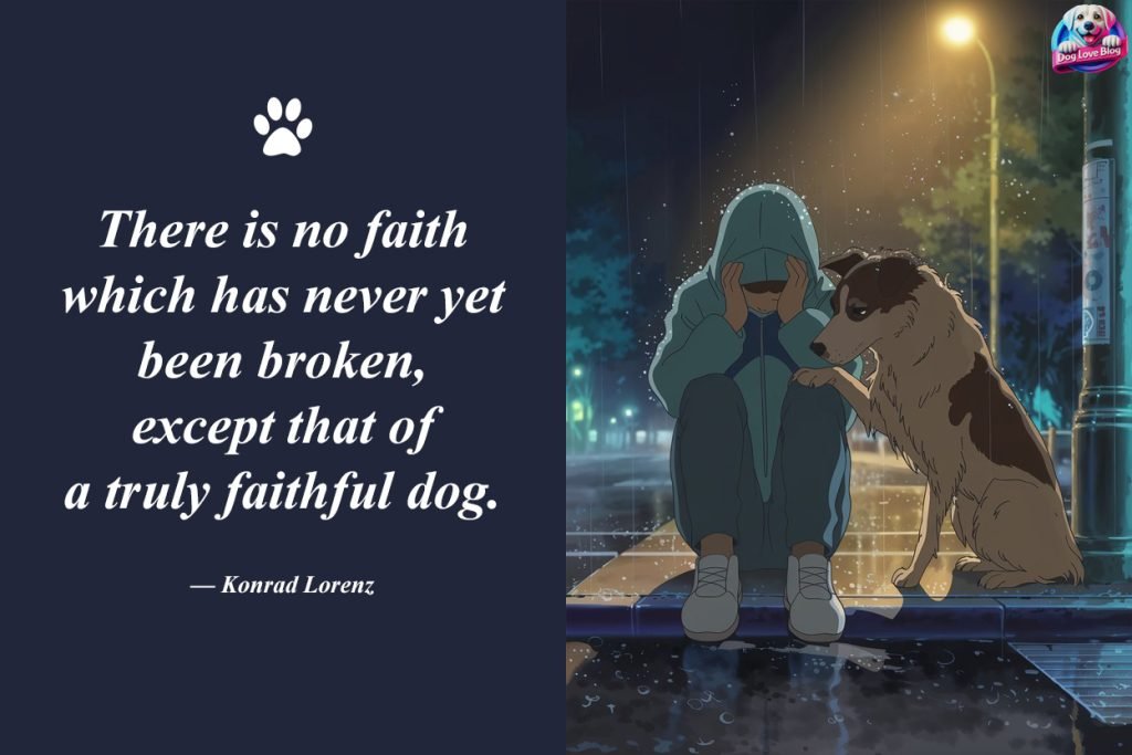 A rainy nighttime scene where a distressed person sits on a curb, comforted by a loyal mixed-breed dog gently touching their leg and nuzzling their arm. The moment reflects the quote, "There is no faith which has never yet been broken, except that of a truly faithful dog." — Konrad Lorenz.