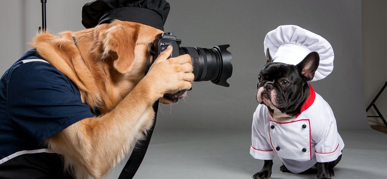 Golden Retriever dressed as a photographer taking a photo of a French Bulldog wearing a chef's hat and coat in a studio with a gray background.